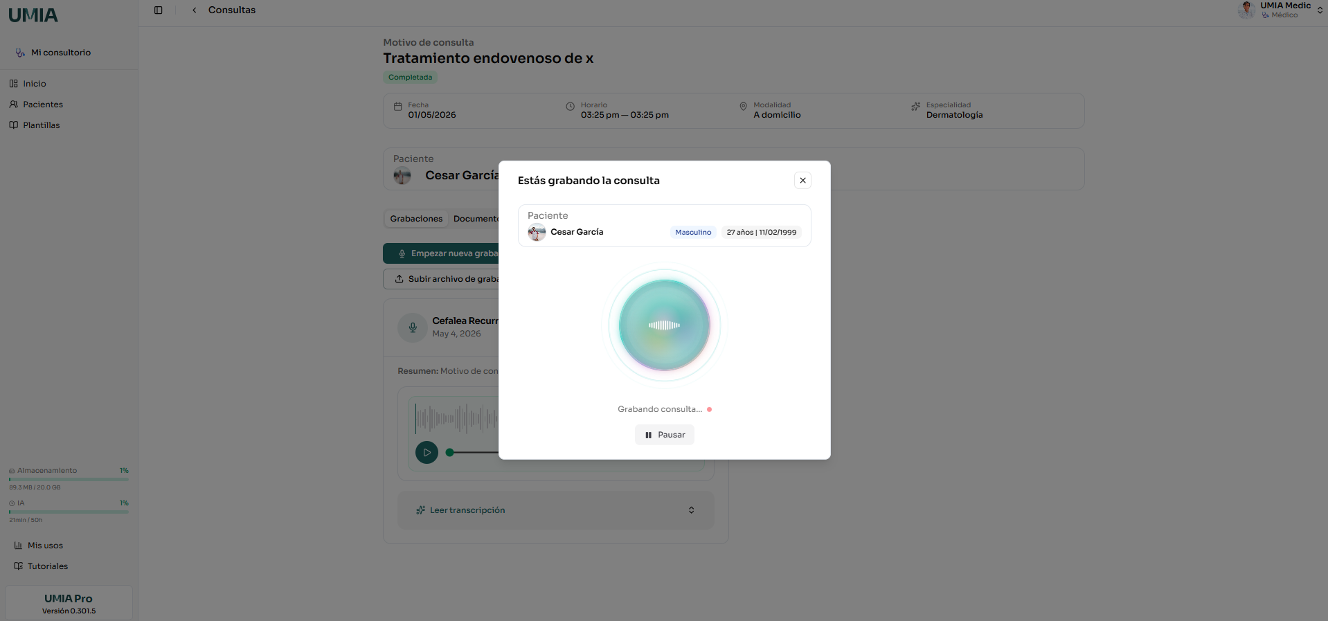 Grabando consulta en UMIA con visualización de audio