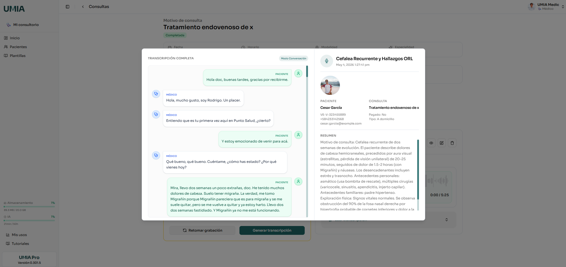 Transcripción estructurada de la consulta médica